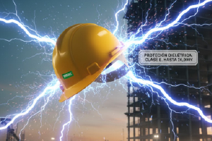 Casco blanco de construcción con franja reflectiva
