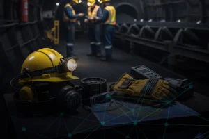 Casco minero con linterna, respirador, guantes, gafas y mapa. EPP de minería subterránea.