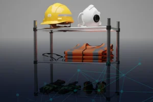 Estante de EPP con Casco, Mascarilla, Chaleco, Gafas, Guantes y Orejeras. Equipo de Protección Personal para seguridad industrial.
