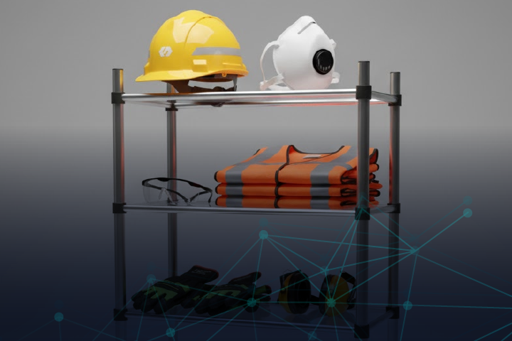 Estante de EPP con Casco, Mascarilla, Chaleco, Gafas, Guantes y Orejeras. Equipo de Protección Personal para seguridad industrial.
