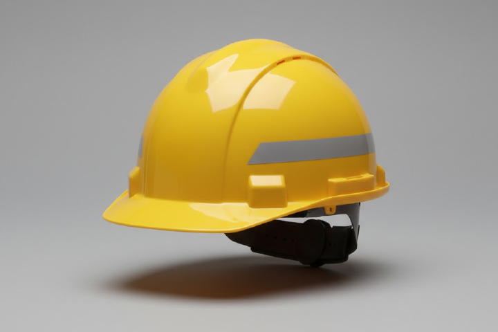 Casco industrial amarillo sobre fondo neutro, estilo catálogo, luz suave.