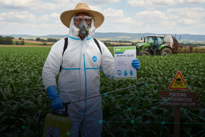 Trabajador agrícola usando mameluco químico, respirador y guantes. EPP para agricultura en fumigación.
