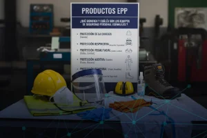 Estante metálico con Productos EPP: Casco, mascarilla, chalecos de alta visibilidad, gafas de seguridad, guantes y orejeras.