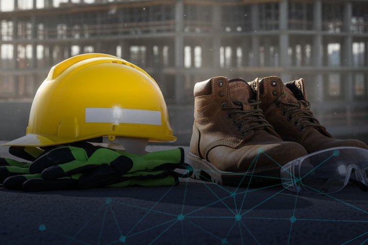 Casco amarillo, guantes, botas de seguridad y gafas de protección. EPP para construcción esencial.