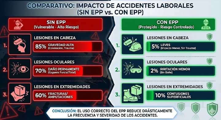Gráfico comparativo de accidentes laborales con y sin EPP