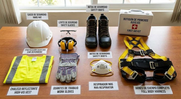 Imagen de kit completo de EPP en mesa con etiquetas