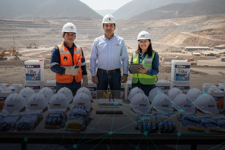 Personal de ingeniería y operarios con cascos SPRO y suministros Sika en un proyecto minero en Perú.