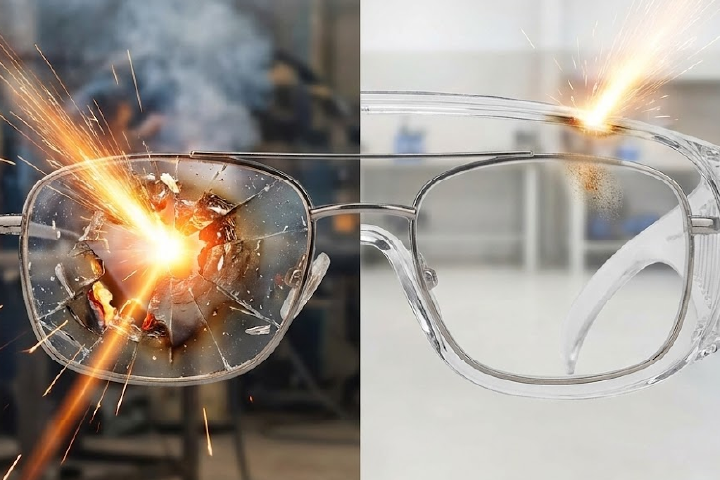 Infografía comparativa visual dividida en dos. A la izquierda, un lente de medida dañado por una chispa. A la derecha, el mismo lente protegido intacto debajo de un Sobrelente Cosmic SPRO.